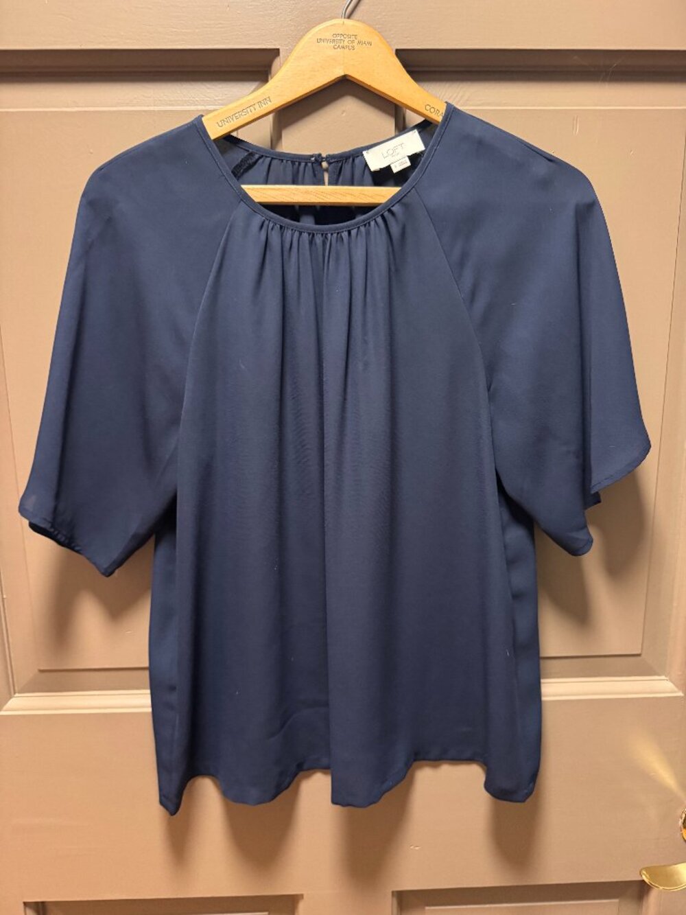 LOFT Navy Pleated Neck Short Sleeve Blouse Small